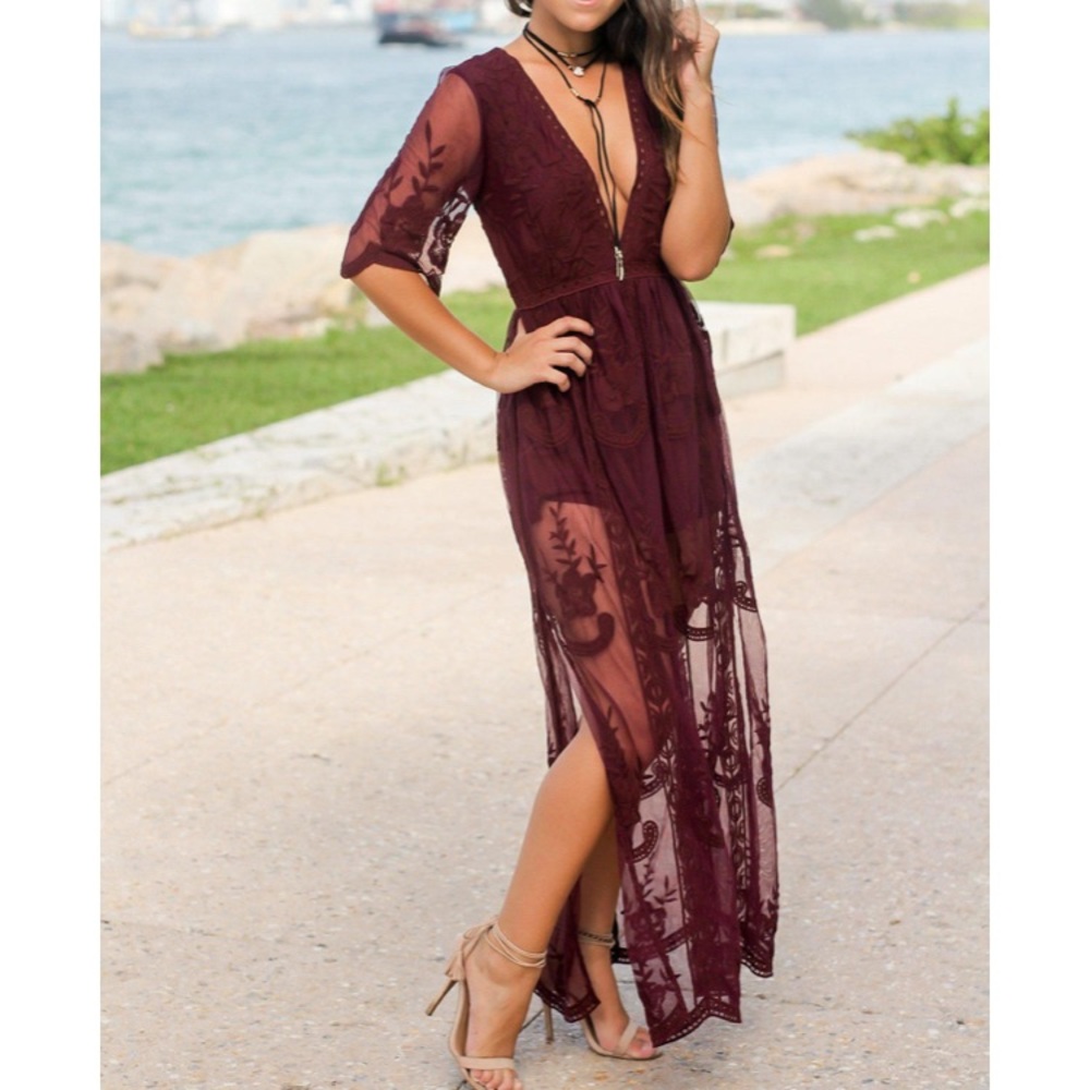 Burgundy Lace Maxi Romper NWOT